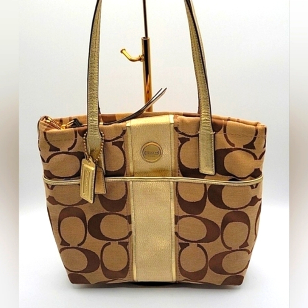 COACH Tan & Gold Canvas Shoulder Bag Gold Leather Trim Two Tags